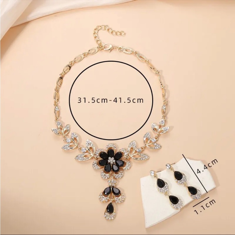 Gold Filled Black Floral CZ Necklace Set - Picture 4 of 4